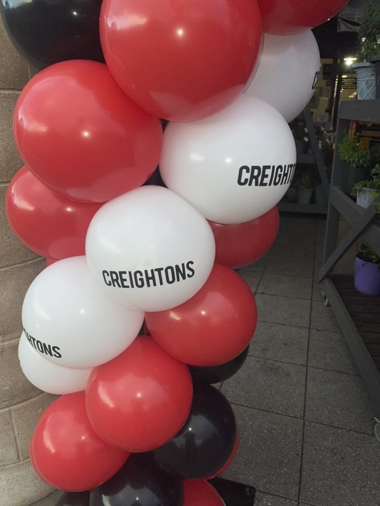 Printed balloon arch for Creightons' first anniversary at JD Hunter, Markethill